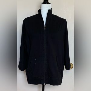 Alia black Jacket, open front zip, 3/4 sleeves with a snap to roll up
